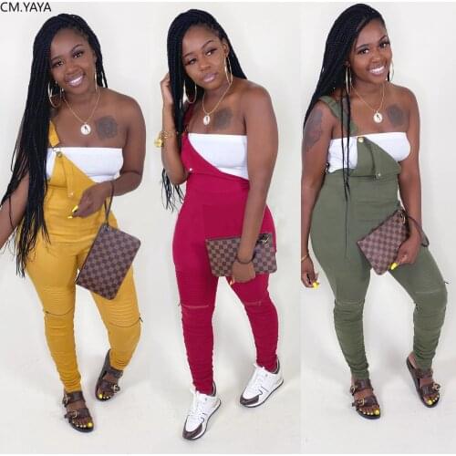 CM.YAYA Women Summer Stacked Pencil Romper Trouses Fashion Streetwear Zipper Splicing Long Pants