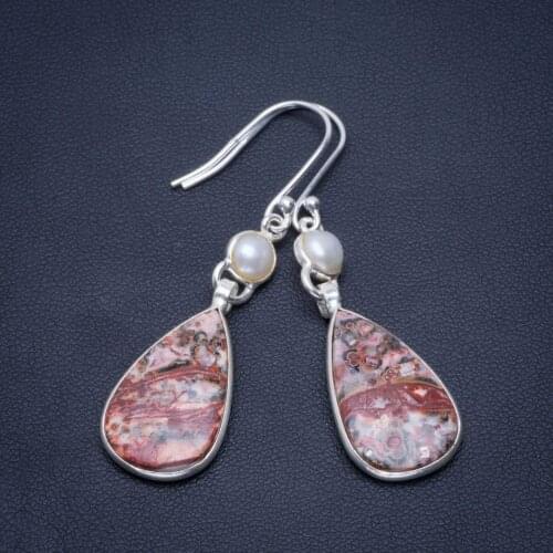 Natural Leopard Skin Jasper and River Pearl Handmade Unique 925 Sterling Silver Earrings 2" B2788