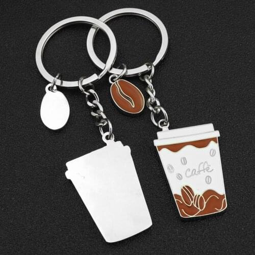 New Painting Coffee Beans Coffee Mugs Metal Key Ring Customized Car Key Chain Barista Company Promotional Gifts