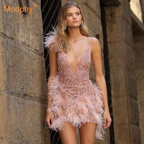 Elegant Women Sexy Spaghetti V-neck Sequin Mesh Gauze Feather Bodycon Mini Dress Club Evening Party Dress Female 2020 Summer New