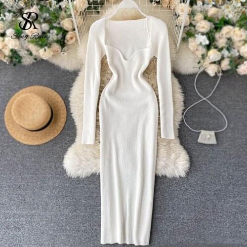 SINGRAIN Autumn Women Knitted Dress Square Collar Fashion Korean Elastic Slim Vestidos Winter Knit Chic Bodycon Sweater Dress