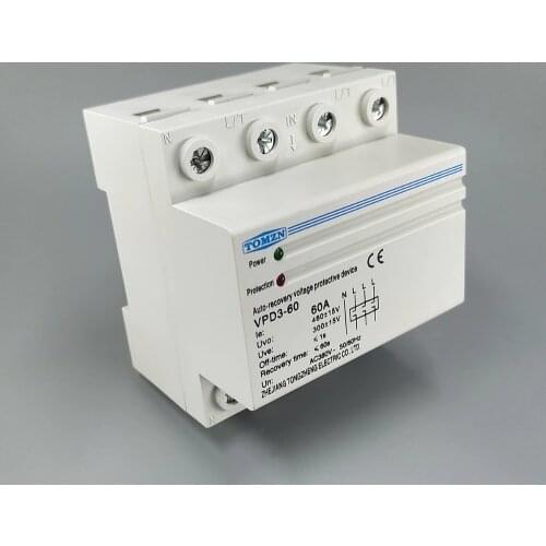 60A 380V~ Three Phase four wire Din rail automatic recovery reconnect over voltage and under voltage protective protection relay