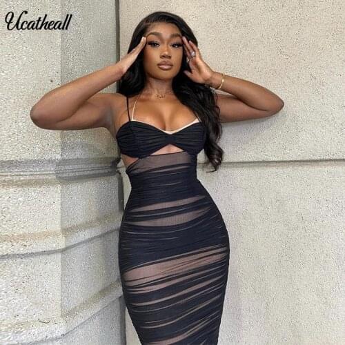 Sexy Backless Strap Mesh Dresses Women Club Party Hollow Out Ruched Sleeveless Womens Dress Bodycon Clothes