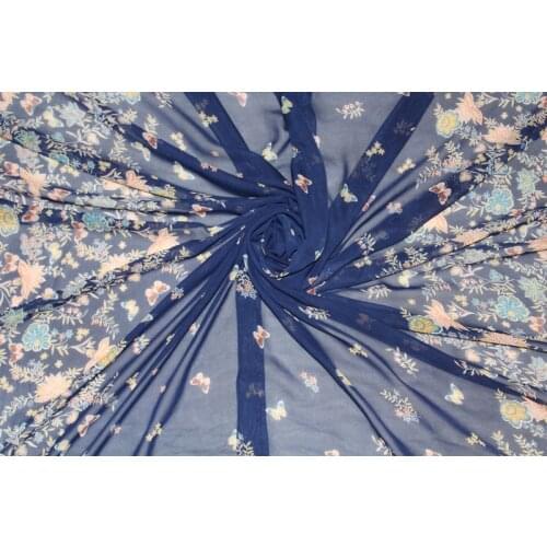 145cm width 75d printed chiffon fabric butterfly and flower CH6357 for summer skirt suit-dress blue