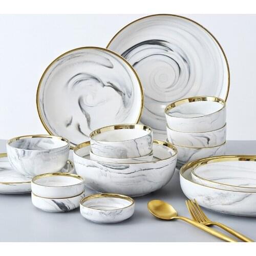 Wedding decoration kitchen accessories home decoration accessories Nordic Marble Porcelain Bowl and Cutlery Set in Porcelain