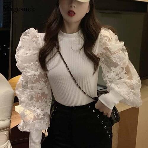 Vintage Chic Lace Puff Sleeve Stitching Autumn Blouse Women Knitted Slim O-neck Long Sleeve T-shirts Pullover Sweet Tops 12045