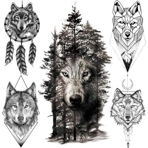 Black Wolf Forest Temporary Tattoos For Men Dreamcatcher Fake Tattoo Geometric Body Art Women Coyote Waterproof Tatoo Feather