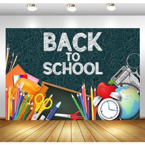 Back to School Backdrop Dark gGreen Doodle Blackboard Party Photography Background Alarm Clock Pencil Party Decorations Banner