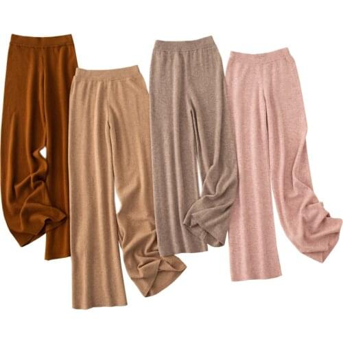 Womens 100% Cashmere And Wool Soft Waxy Comfortable Camel Pants Female Pure Knitted Wide Leg Pants Elastic Casual Loose Knitte