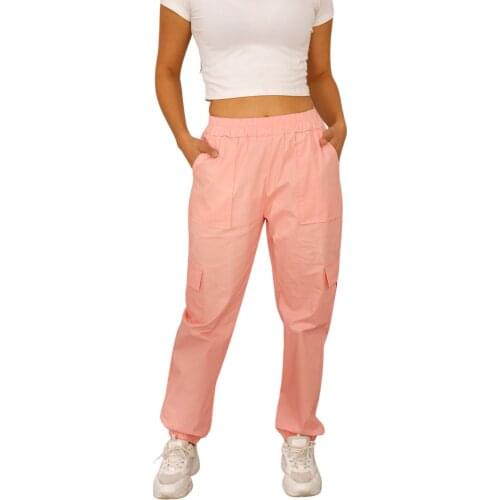 Womens Casual Cargo Pants, Elastic Waist Solid Color Workout Jogger Pants with Pockets