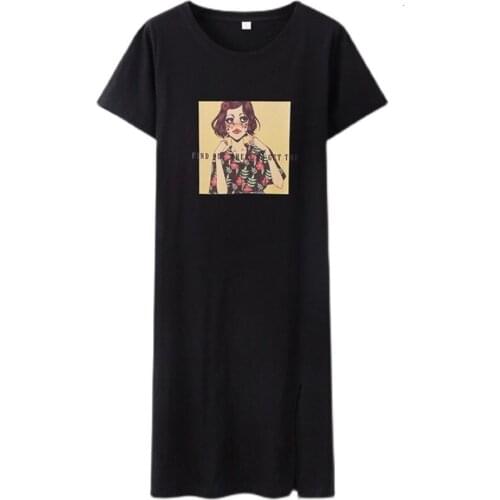 T-shirt Skirt Womens Summer Waist Closed Split Show Thin Cotton Short Sleeve Medium Length Over Knee Buttock Maxi Dress Vestido