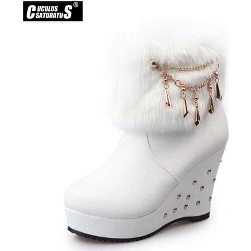 Cuculus 2020 Winter Faux Fur Fashion Wedges Heels Women Shoes Woman Boots Platform Warm Snow Luxury Femme Ladies Boot White 1034