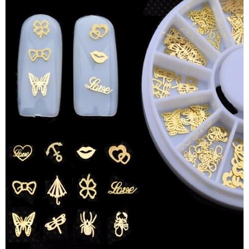 1 Pcs New 3d Gold Metal Nail Art Sticker Decoration Wheel Butterfly Lips Design Tiny Slice DIY Nail Accessories