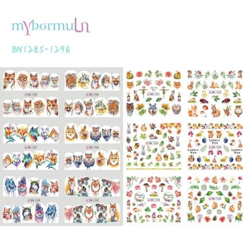 12 Styls Nail Art Water Transfer Sticker Cute Wolf Fox Cartoon Plants Animal Watermark Slider Manicure Decoration BN1285-1296