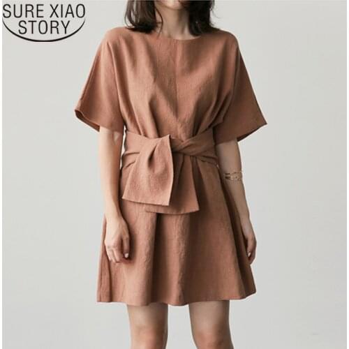 2020 Summer Dress Casual Loose Solid Cotton Short Sleeve Women Knee-length Dresses Pullover O Neck Women Dress Vestidos 8791 50