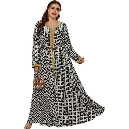 Plus Size Ethnic Maxi Dress Abaya for Women Gold Ribbon Patchwork V Neck Long Sleeve Modest Muslim Robe African Arabic Clothes
