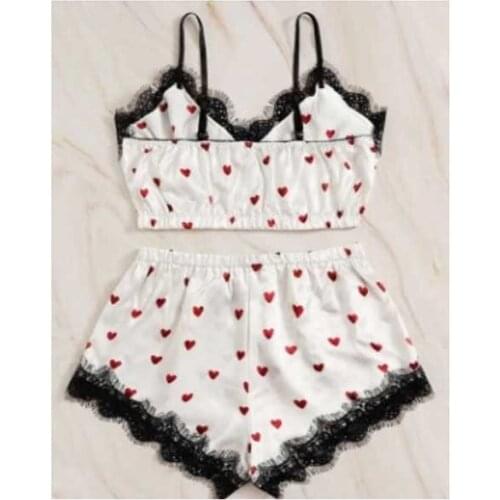 2411b-7 Spaghetti Strap Lace Pajama Set Sleeveless Trim Pyjamas Sleep Short Set Lace Pijama Suit Sleepwear Women Sexy Nighties