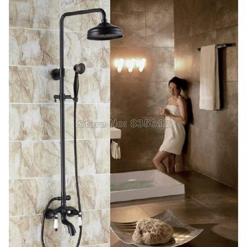 Black Oil Rubbed Bronze Wall Mounted Bathroom Rain Shower Faucet Set with 8 inch Shower Heads + Bathtub Mixer Taps Whg044