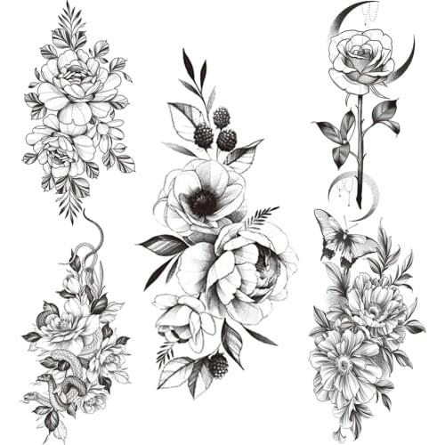 DIY Sexy Peony Flower Temporary Tattoo For Women Girl Rose Bloosom Sweatpea Tattoos Sticker Snake Floral Sleeve Fake Tatoo Paper