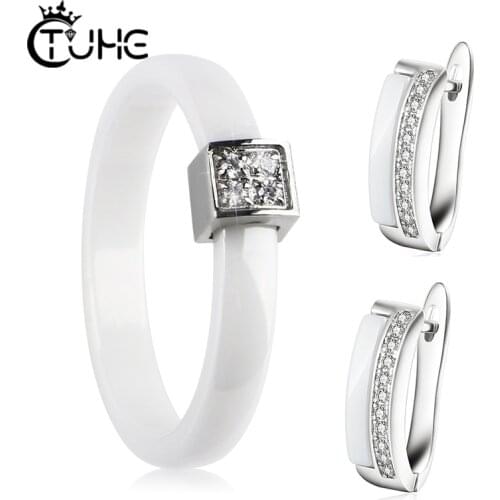 Exquisite 3mm Crystal Ceramic Rings With Tiny Cute Ceramic Earrings For Women Fashion Jewelry Wedding Party Jewelry Set Gifts