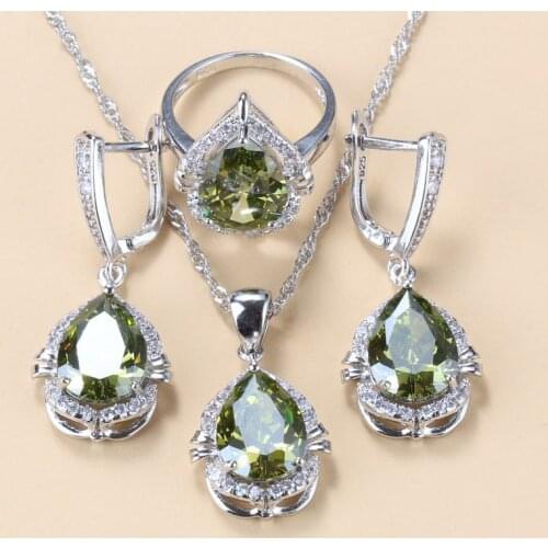 New Exclusive Olive Green 925 Silver Jewelry Sets With Natural Stone CZ Earrings And Necklace Pendant Ring Set For Women Gift