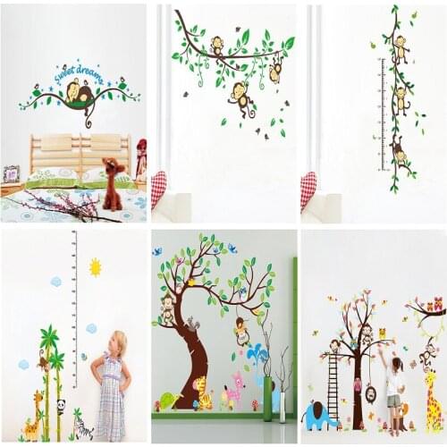 Cartoon animal monkey tree branch home dacor wall sticker baby children height measure growth chart for kids room nursery decals
