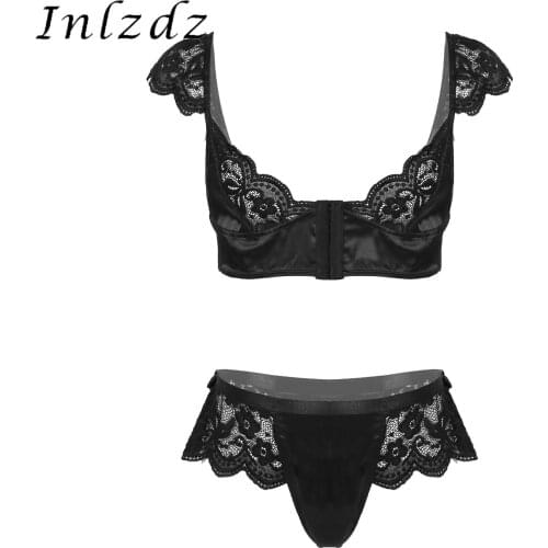 Mens Sissy Crossdressing Lingerie Set Lace Patchwork Satin Nightwear Front Closure Bralette Bra Tops with Bowknot Decor Briefs