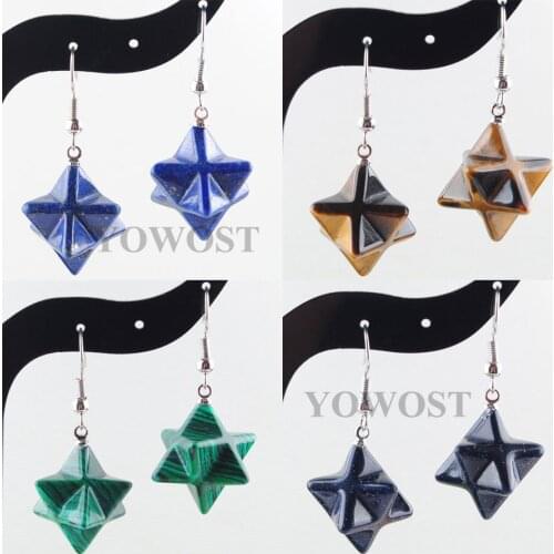 4Pair Bohemian Hanging Earrings Natural Stone Merkabah Star shape Pendant Malachite Crystal Opal Polyhedral Reiki Eardrop QBR319