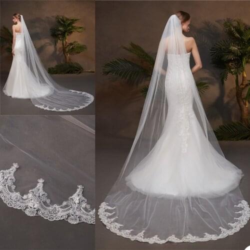 Real Photo 3m One Layer Wedding Veil With Comb White Lace Edge Bridal Veils Ivory Appliqued Cathedral Wedding Veil