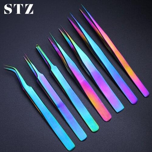 STZ Tweezers Stainless Steel Eyelashes Extensions Eyebrow Straight+Curved Hair Removal Cosmetics Makeup Nail Art Tools NB01-07