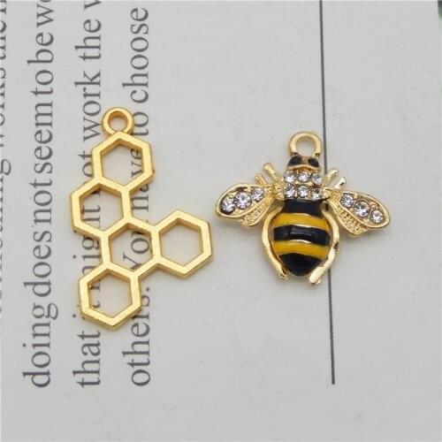 Julie Wang 6PCS Enamel Honeycomb And Bee Charms Mixed Hive Honeybee Pendants Alloy Necklace Bracelet Jewelry Making Accessory