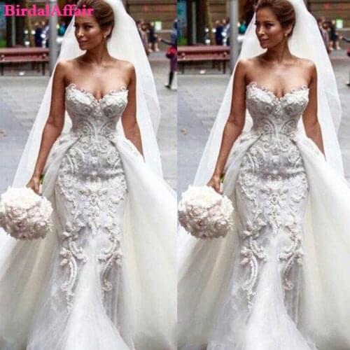 Modest Mermaid Bohemian Crystal Country Wedding Dresses With Detachable Skirt Lace Applique Cheap 2020 Bridal Gowns