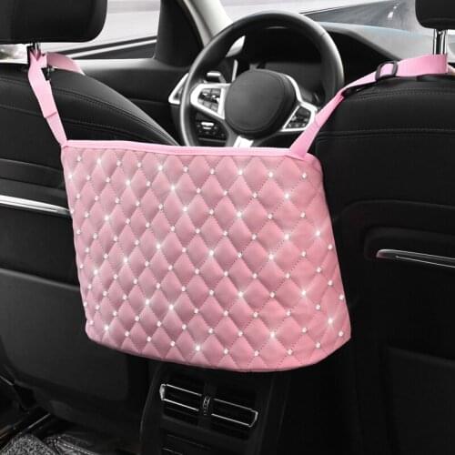 Car Interior Storage Bag PU Leather Diamond Seat Bag Center Console Organizer Handbag Auto Automotive Goods Tidy Accessories