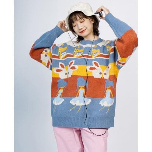 Bebobsons New Design Funny Bunny Jacquard Women Pullover Sweater Oneck Long Sleeve Female Thick Warm Knitwear