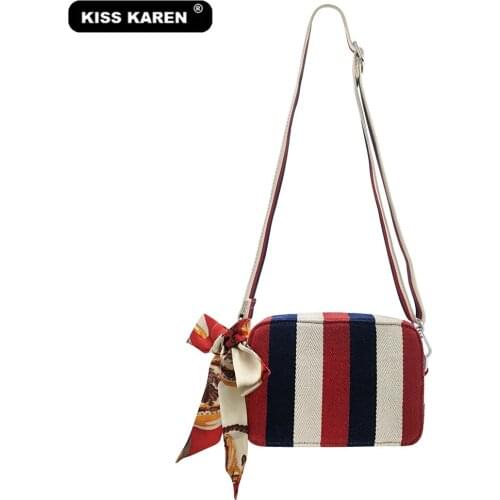 Trending Striped Womens Shoulder Bags with Scarf Women Messenger Bag Canvas Women Purse Fashion Flap Ladies Cross-body Bags