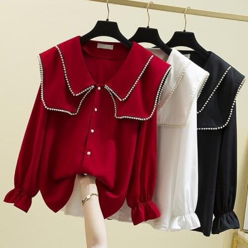 2021 Spring Plus Size Womens Double-layer Pearl Doll Collar Shirt Top Womens Blouses Corset Top Blouse