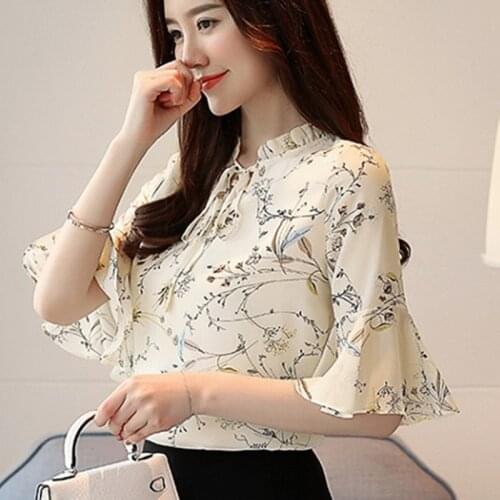 Women Summer Tops Chiffon Blouses Ladies Floral Print Feminine Blouse Short Sleeve Femme Plus Size Tops Female