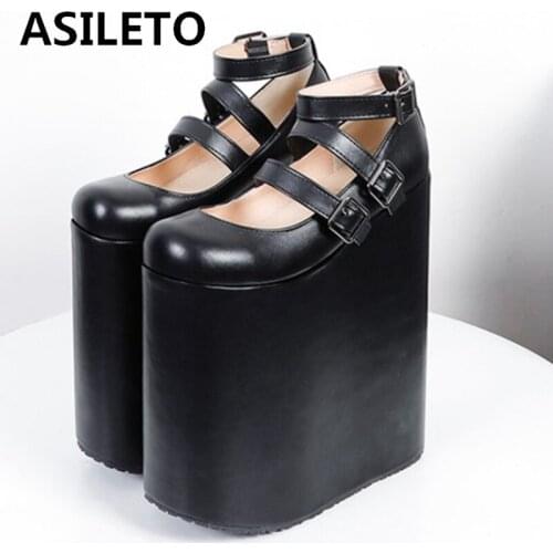 ASILETO Punk Women Pumps Designer Brand Show 23cm Super High Heel Platform Sandals Stylish Buckle Party Shoes Close Toe C2389