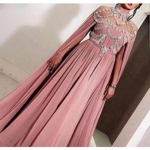 Womens A-Line High Neck Long Beaded Pink Evening Dresses with Cape Chiffon Zipper Back Floor Length Formal Dinner Party Dresses