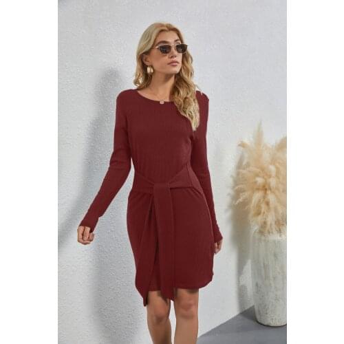 Women Autumn Solid Color Pencil Dresses Robe Femme Bandage O-Neck Long Sleeve Slim Hips Mini Dress For Woman Vestido De Mujer