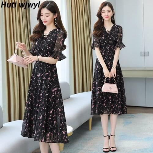 Spring Summer Black Vintage Floral Chiffon Midi Dress Plus Size Boho Beach Sundress 2021 Elegant Women Party Dress Maxi Vestidos