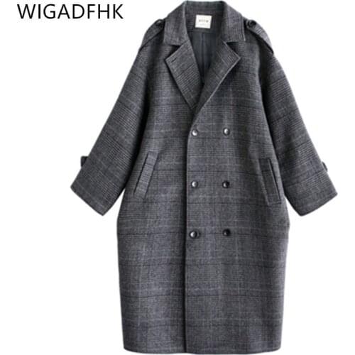 Winter Plus plus size fat sister mid-length over-the-knee woolen coat fall 2021 new thin houndstooth plaid coat women
