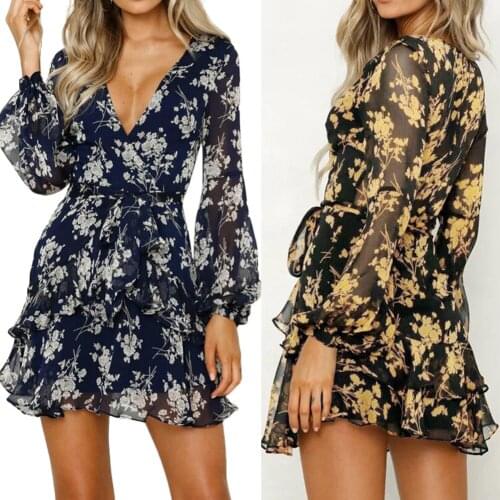 2021 New Womens Boho Floral Chiffon Ruffle Dress Summer Long Sleeve Deep V-Neck Party Evening Beach Short Mini Dress Sundress