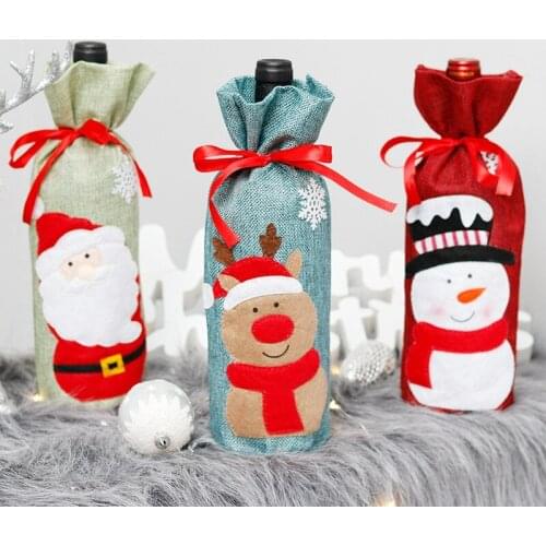 2021 Merry Christmas Decor for Home Linen Doll Wine Bottle Cover Santa Claus champagne Bottle Cover Xms Dinner Table Decor Noel