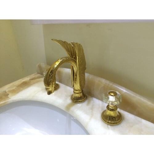 Free ship Gold Colour 3 pcs swan sink faucet widespread lavatory basin mixer tap New Deck mounted Crystal handles