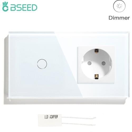 BSEED 1/2Gang Touch Dimmer Switch With EU Standard Dimmable Wall Switch Socket Crystal Glass Panel Dimmer Light Switches White