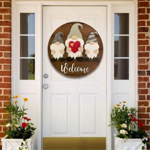 Welcome Sign Wooden Front Door Hanger Round Removable Gnome Hanging Door Sign For Home Garden Doorway Decoration