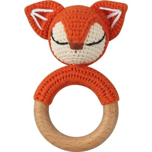 Natural Crochet Wooden Baby Teether Ring Cute Cartoon Animal Rattle Bracelet Nursing Soother Molar Educational Toys Newborn Show