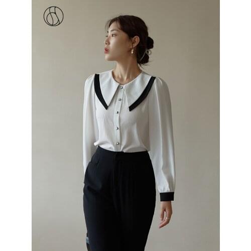 DUSHU Women Shirts Office Lady Temperament Doll Collar Contrasting Shirt Button Up Shirt Harajuku Ladies Top White Blouse Women