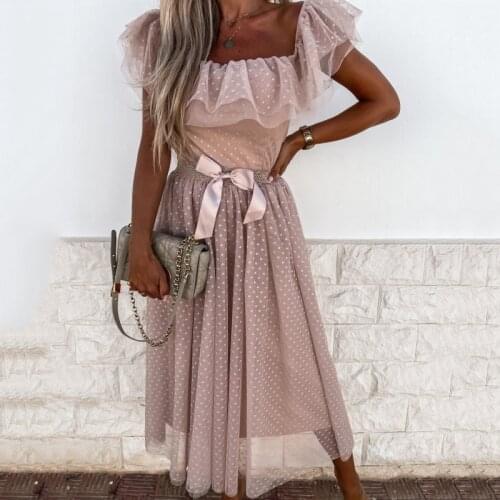 Elegant Ruffled Mesh Pink Long Dresses Women Summer Bow Sexy Off Shoulder Fairy Dress 2021 Party Clubwear Beach Dresses Vestidos